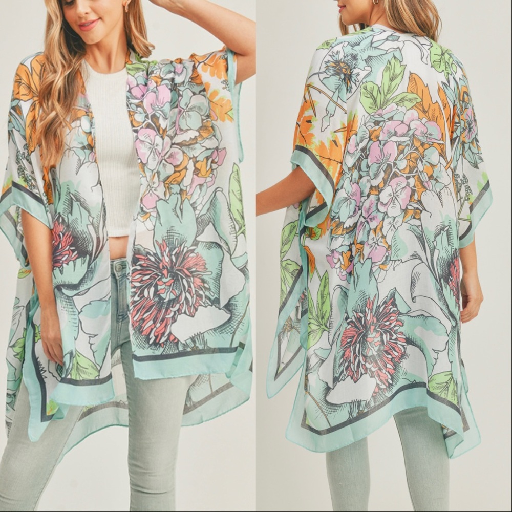 BOHO FLORAL PRINT KIMONO -TURQUOISE - Picture 1 of 3